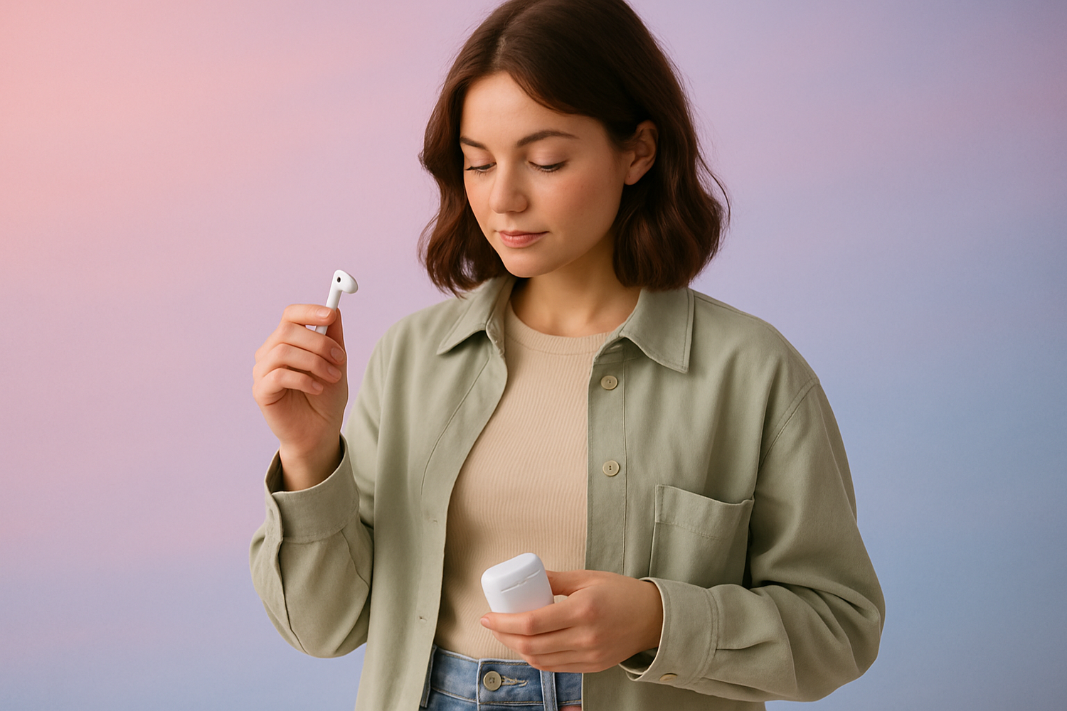 give me the picture of earbuds which is in the girl.
And the girl is taking out that earbuds from her pocket.
also give me the the beautiful color background which is best.
